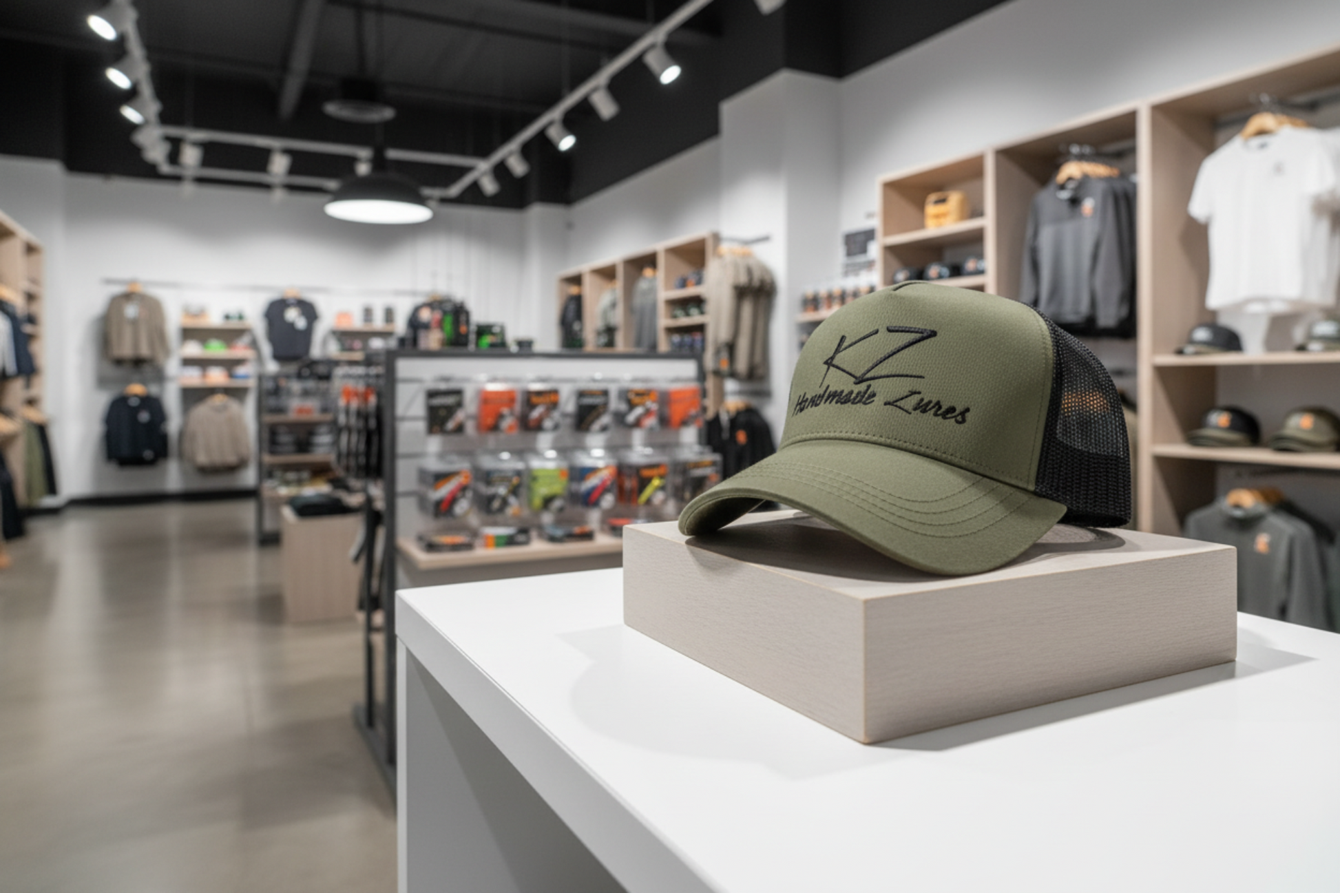 Green cap with kz Handmade Lures logo on a display stand in a store setting.