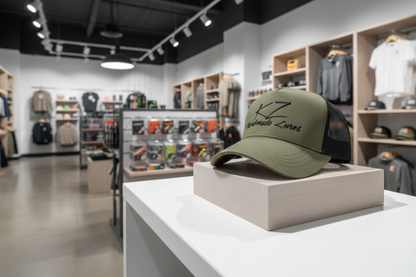 Green cap with kz Handmade Lures logo on a display stand in a store setting.