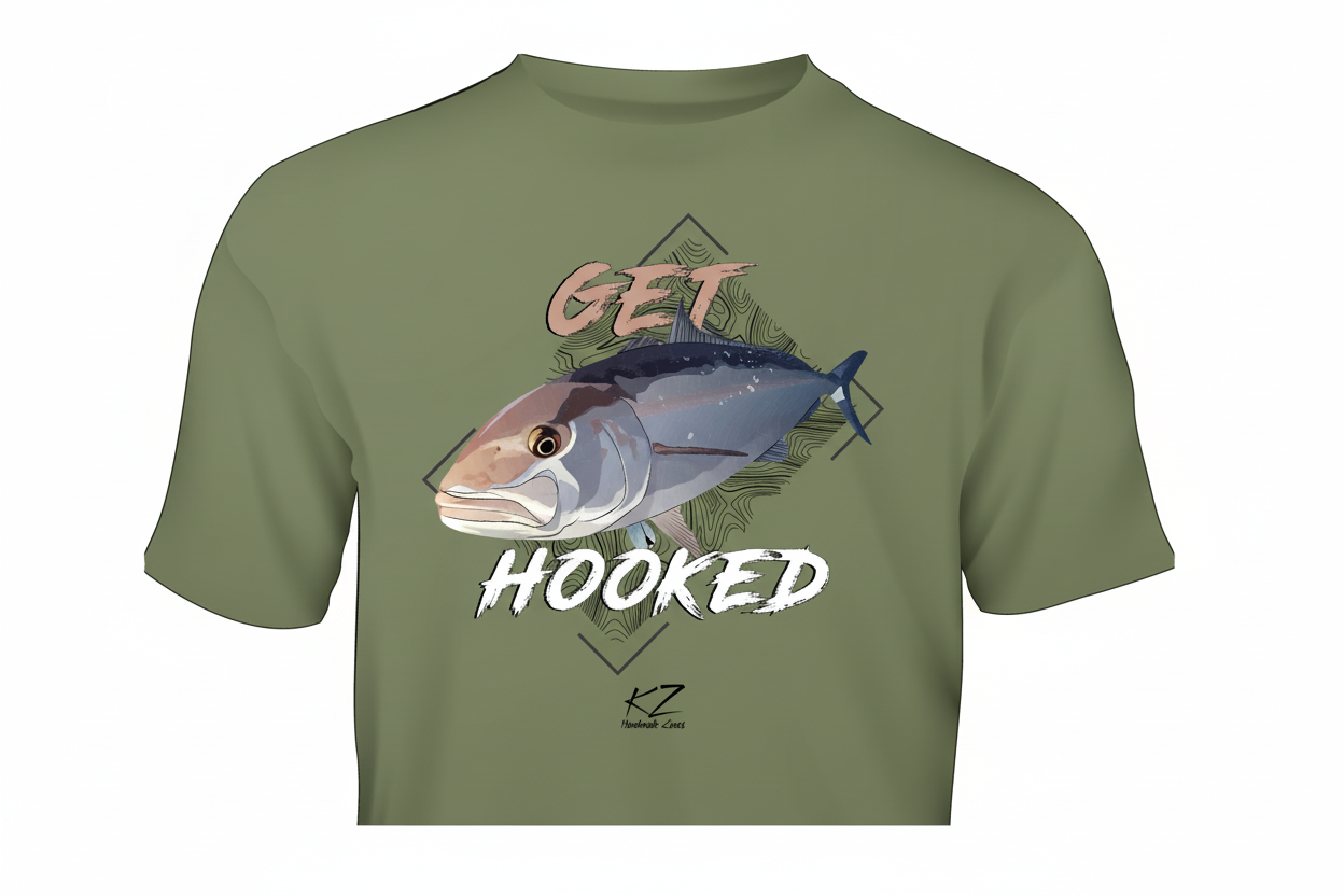 Green t-shirt with fish graphic and 'Get Hooked' text on a white background