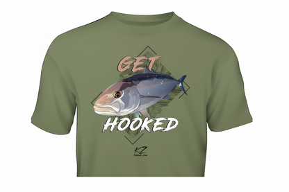 Green t-shirt with fish graphic and 'Get Hooked' text on a white background