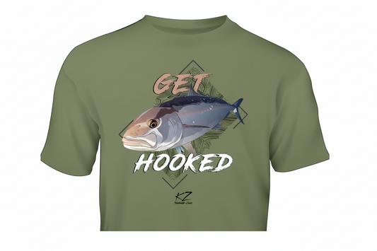 Green t-shirt with fish graphic and 'Get Hooked' text on a white background