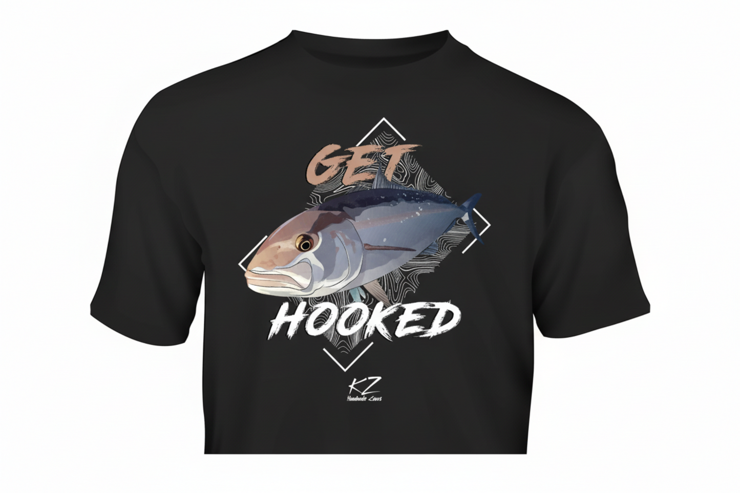 Black t-shirt with a fish graphic and 'Get Hooked' text on a white background