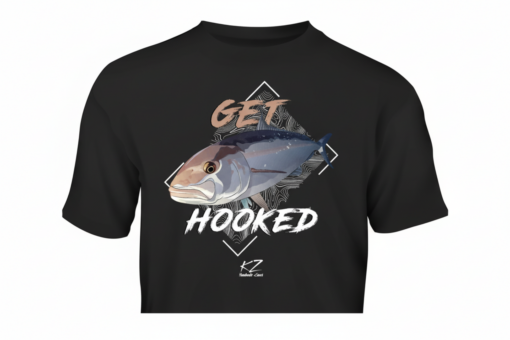 Black t-shirt with a fish graphic and 'Get Hooked' text on a white background