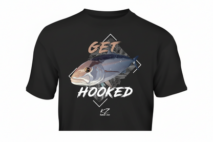 Black t-shirt with a fish graphic and 'Get Hooked' text on a white background