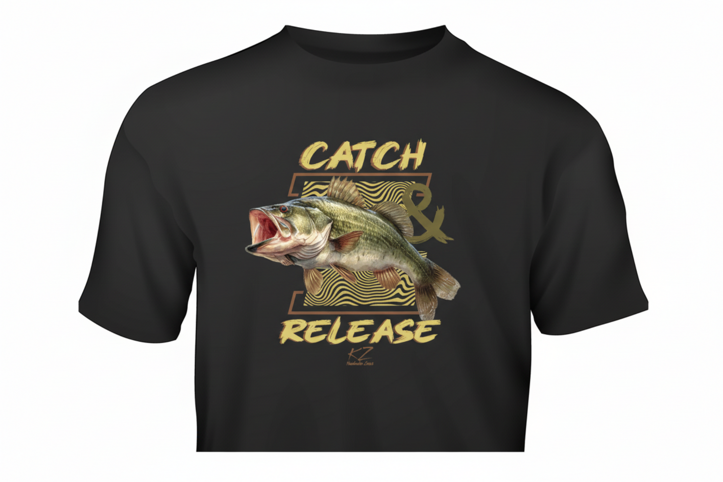 Black t-shirt with a fish graphic and 'Catch & Release' text on a white background