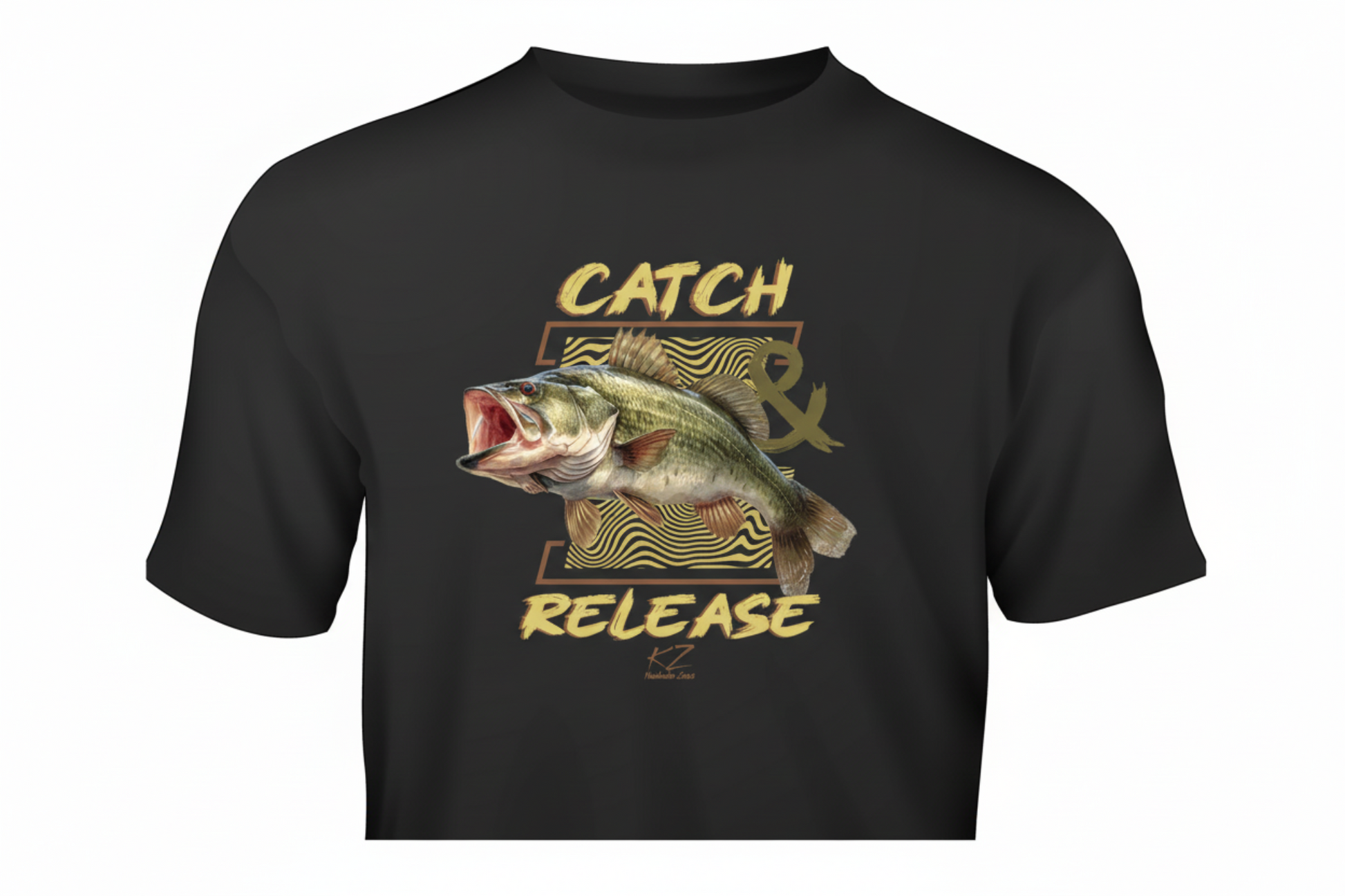 Black t-shirt with a fish graphic and 'Catch & Release' text on a white background