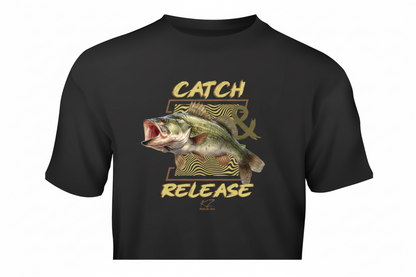 Black t-shirt with a fish graphic and 'Catch & Release' text on a white background