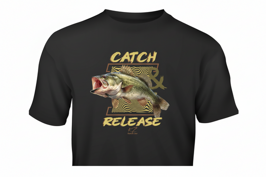 Black t-shirt with a fish graphic and 'Catch & Release' text on a white background