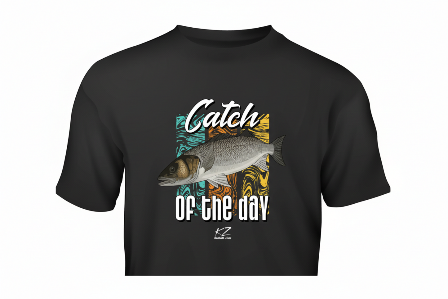 black t-shirt with sea bass fish graphic and 'Catch of the Day' text on a white background