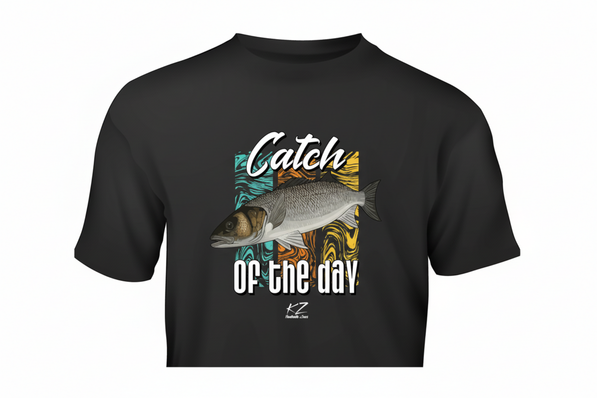 black t-shirt with sea bass fish graphic and 'Catch of the Day' text on a white background