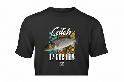 black t-shirt with sea bass fish graphic and 'Catch of the Day' text on a white background