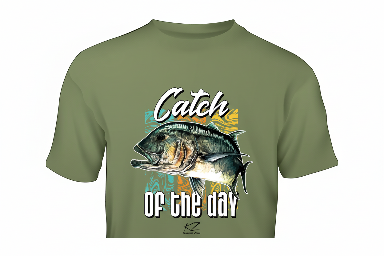 Army green t-shirt with GT fishing graphic and text 'Catch of the day' on modern background