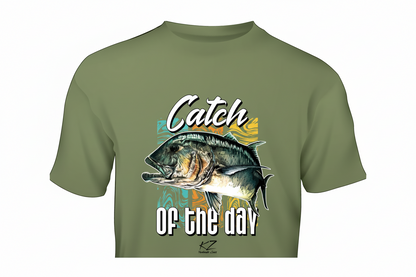 Army green t-shirt with GT fishing graphic and text 'Catch of the day' on modern background
