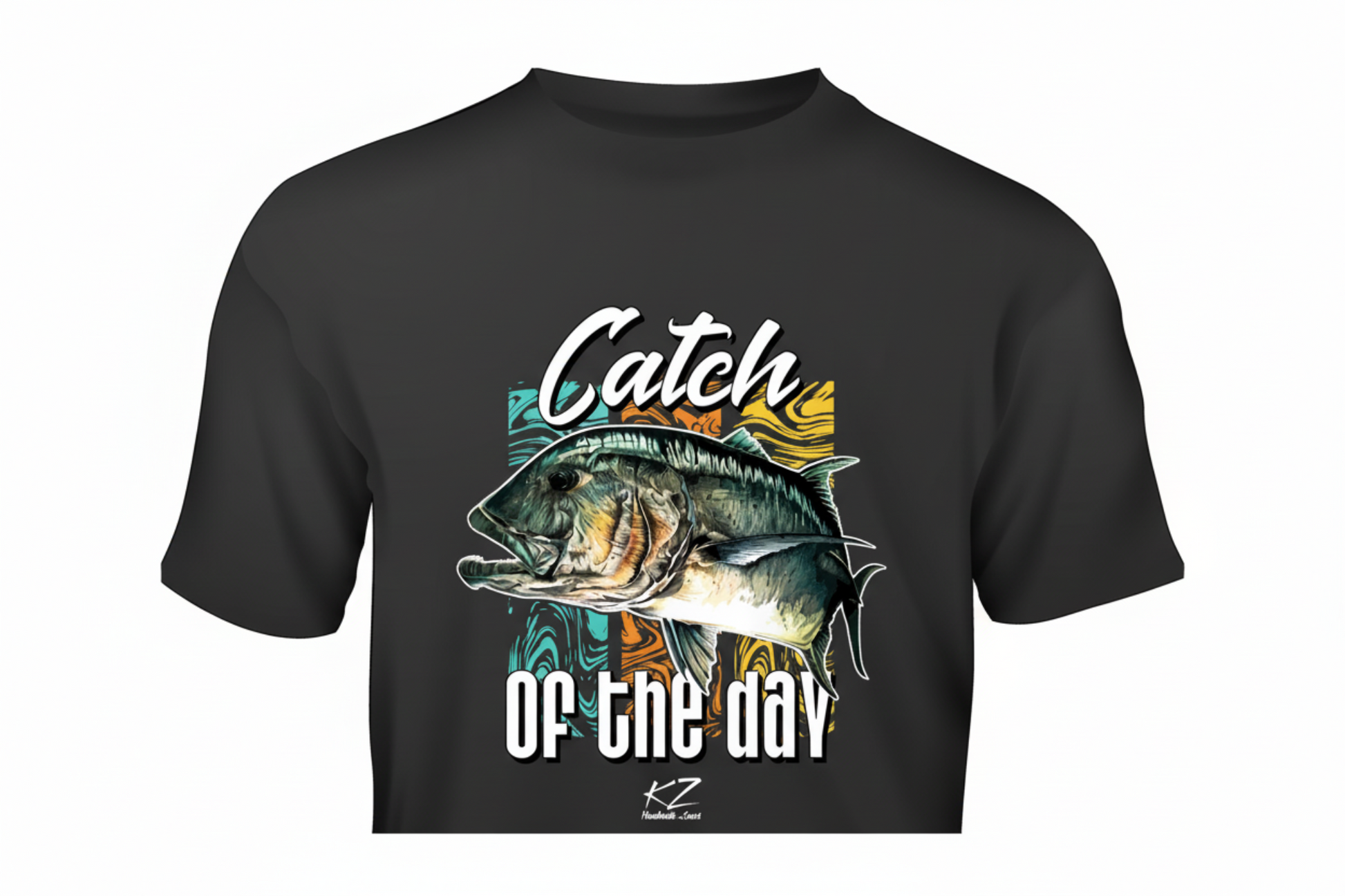 Black t-shirt with GT fishing graphic and text 'Catch of the day' on modern background