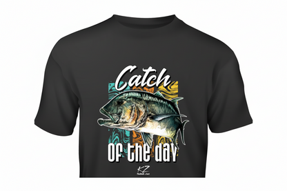 Black t-shirt with GT fishing graphic and text 'Catch of the day' on modern background