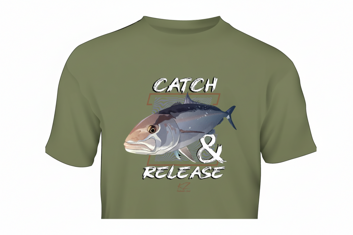 Green t-shirt with amberjack fish graphic and 'Catch & Release' text on a white background