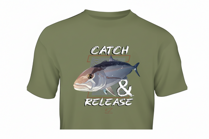 Green t-shirt with amberjack fish graphic and 'Catch & Release' text on a white background