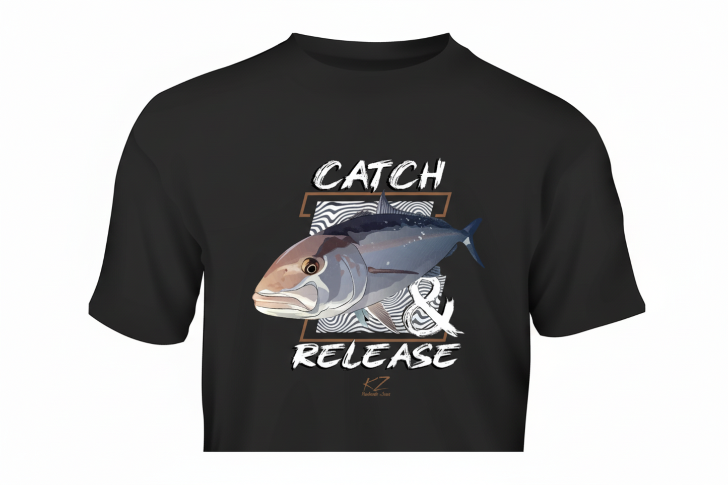 Black t-shirt with amberjack fish graphic and 'Catch & Release' text on a white background