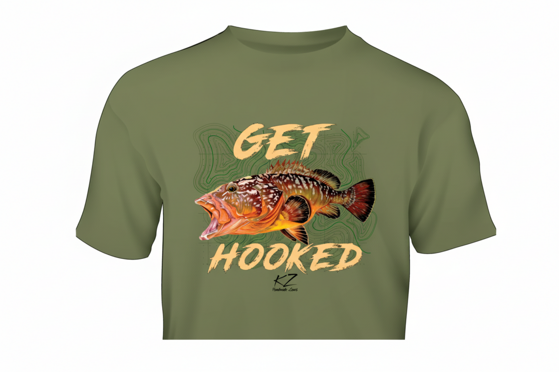 Green t-shirt with a fish graphic and 'Get Hooked' text on a white background