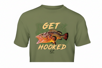 Green t-shirt with a fish graphic and 'Get Hooked' text on a white background