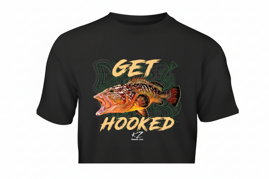 Black t-shirt with a grouper fish graphic and 'Get Hooked' text on a topographic background