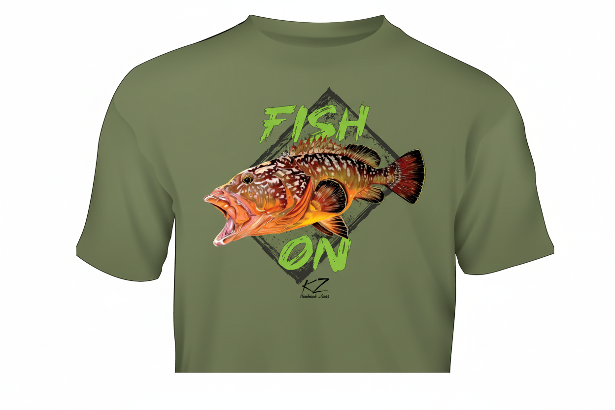 Green t-shirt with a fish graphic and 'Fish On' text on a white background