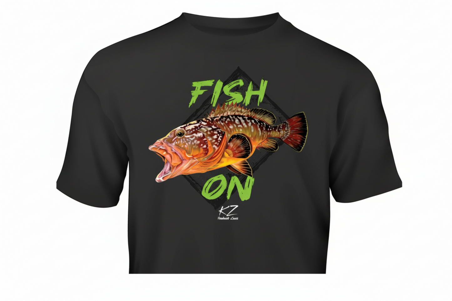 Black t-shirt with a grouper fish graphic and 'Fish On' text on a white background