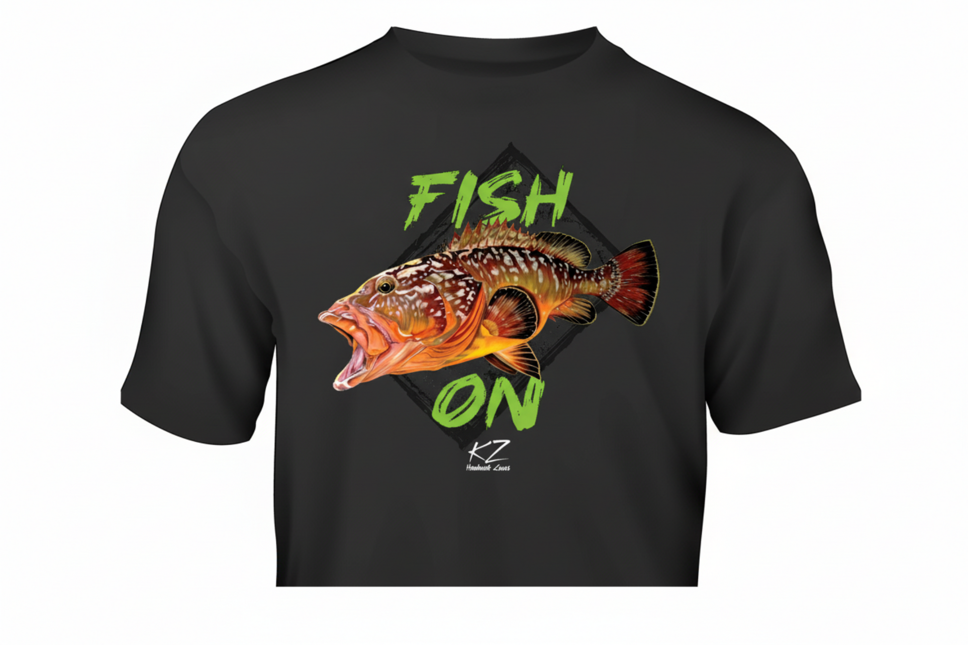 Black t-shirt with a grouper fish graphic and 'Fish On' text on a white background