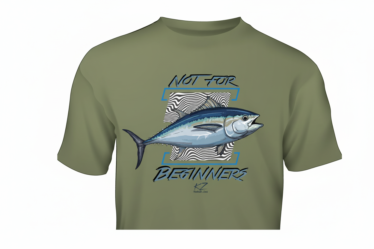 army green t-shirt with Bluefin Tuna fishing graphic and text not for beginners  on modern background