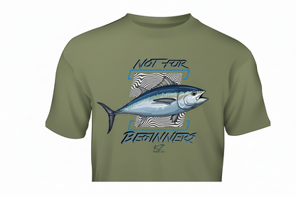 army green t-shirt with Bluefin Tuna fishing graphic and text not for beginners  on modern background
