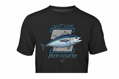 Black t-shirt with Bluefin Tuna fishing graphic and text not for beginners  on modern background