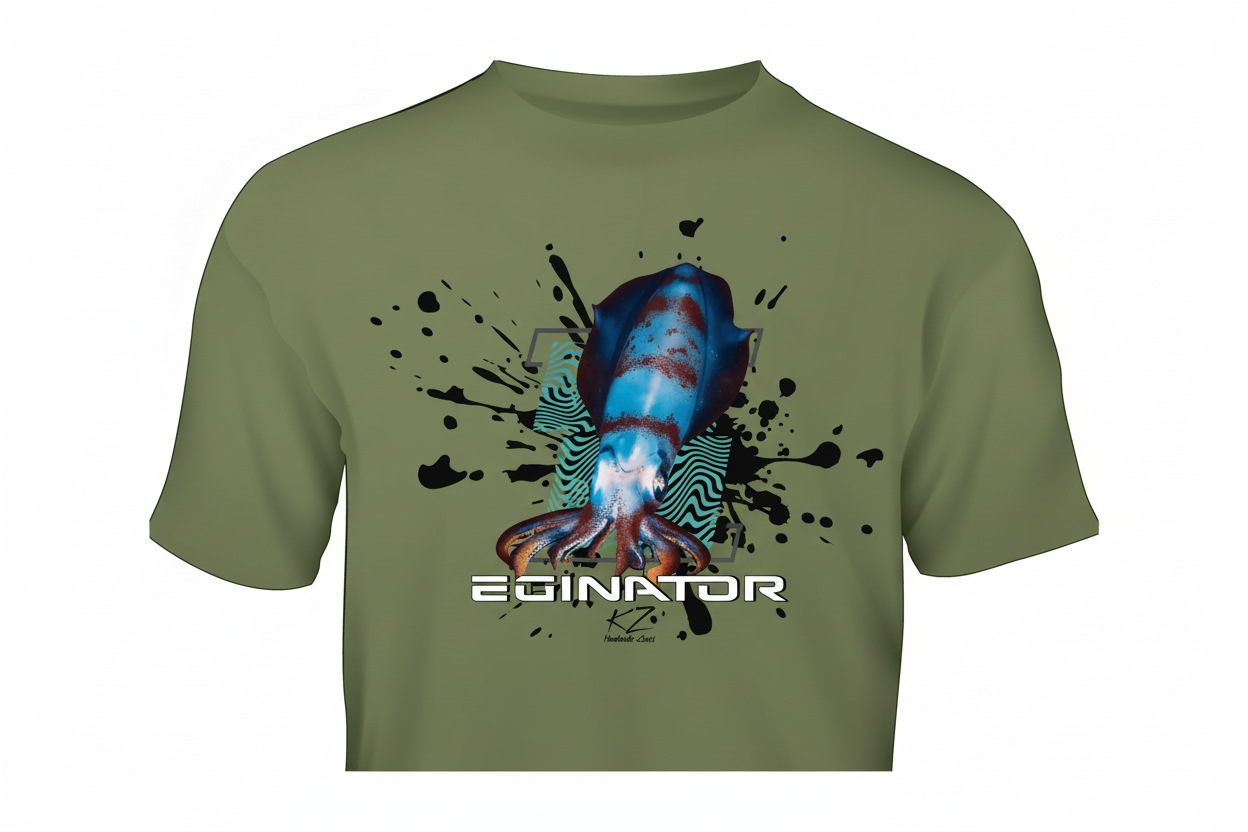 Green t-shirt with a blue and red squid graphic and 'EvoNator' branding on a white background