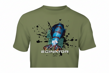 Green t-shirt with a blue and red squid graphic and 'EvoNator' branding on a white background