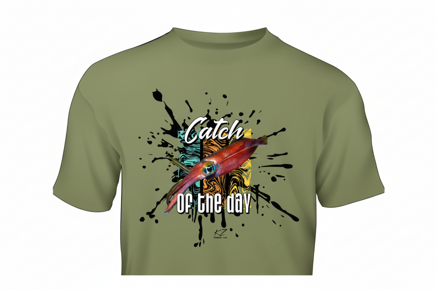 army Green t-shirt with colorful arrow squid graphic design and text on ink splash background