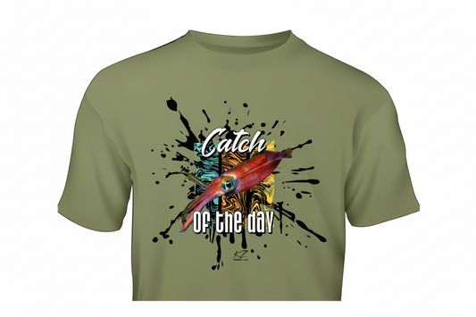 army Green t-shirt with colorful arrow squid graphic design and text on ink splash background