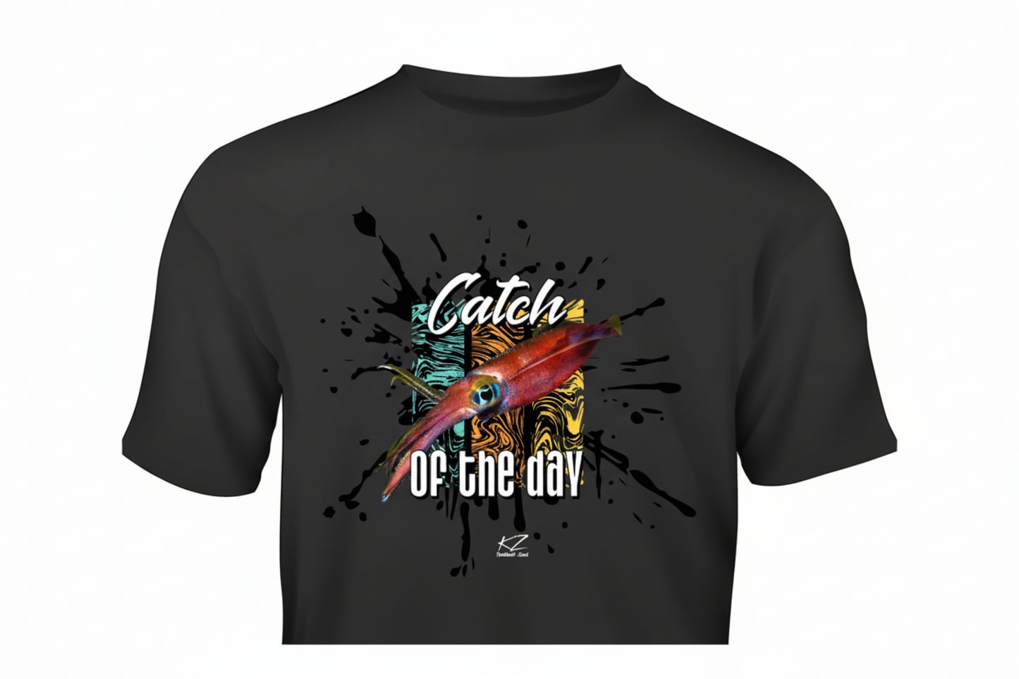black t-shirt with colorful arrow squid graphic design and text on ink splash background