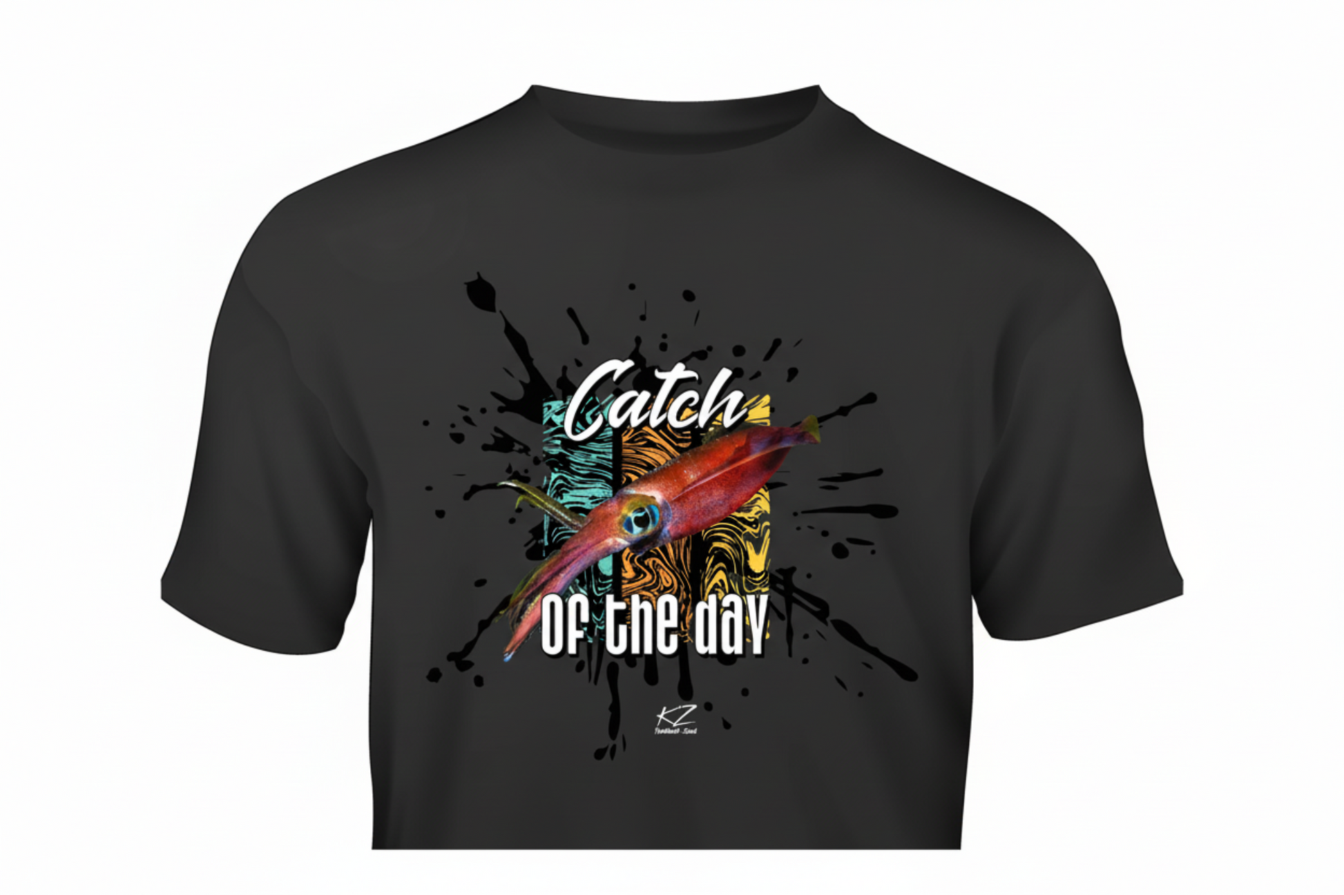 black t-shirt with colorful arrow squid graphic design and text on ink splash background