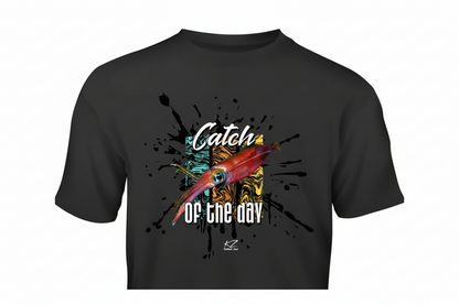 black t-shirt with colorful arrow squid graphic design and text on ink splash background