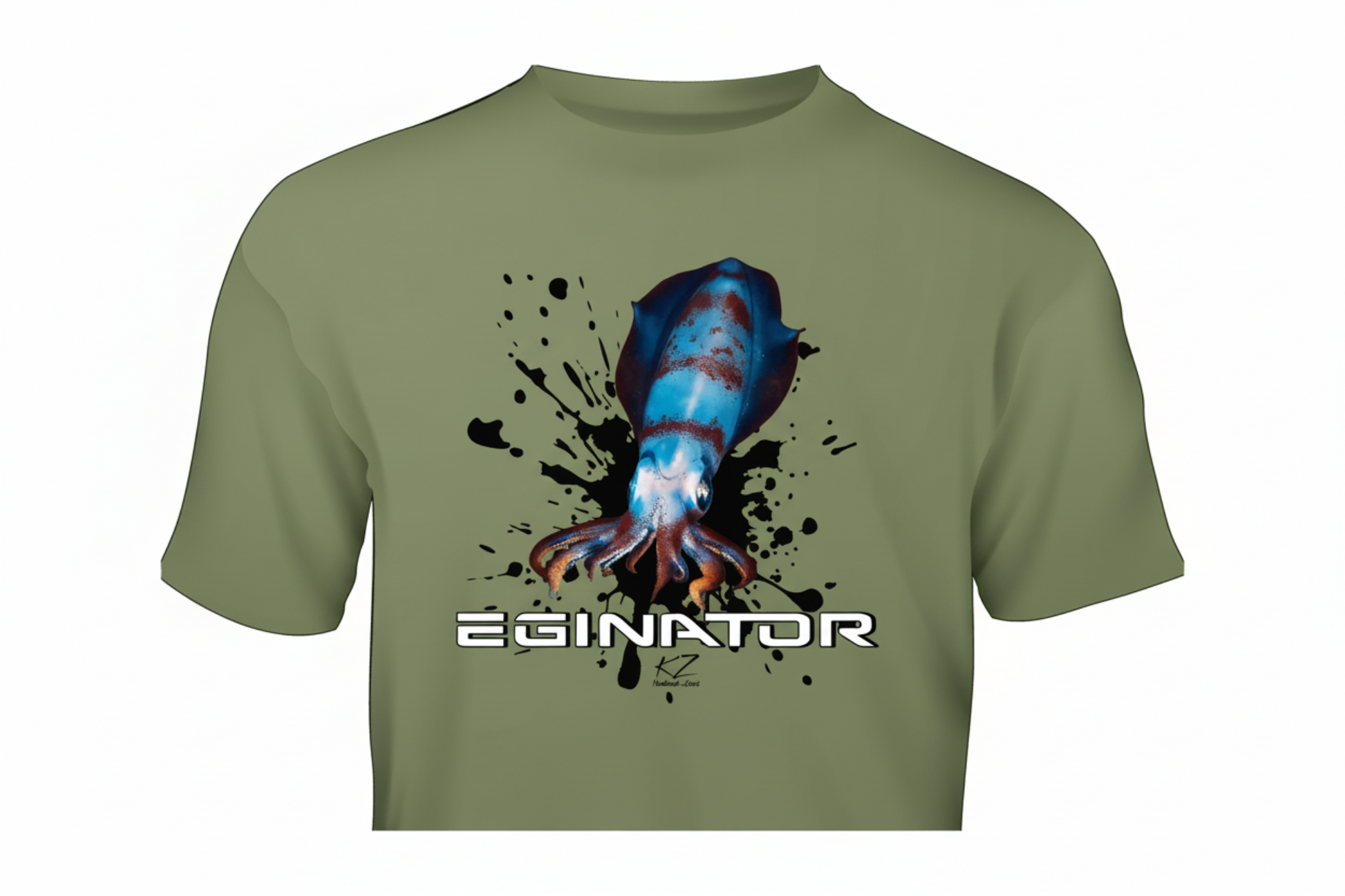 Green t-shirt with a reef squid graphic and 'Eginator' text on a white background