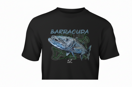 Black t-shirt with barracuda graphic and 'Barracuda' text on a white background