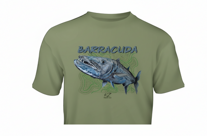 Green t-shirt with barracuda graphic and text on a topographic background