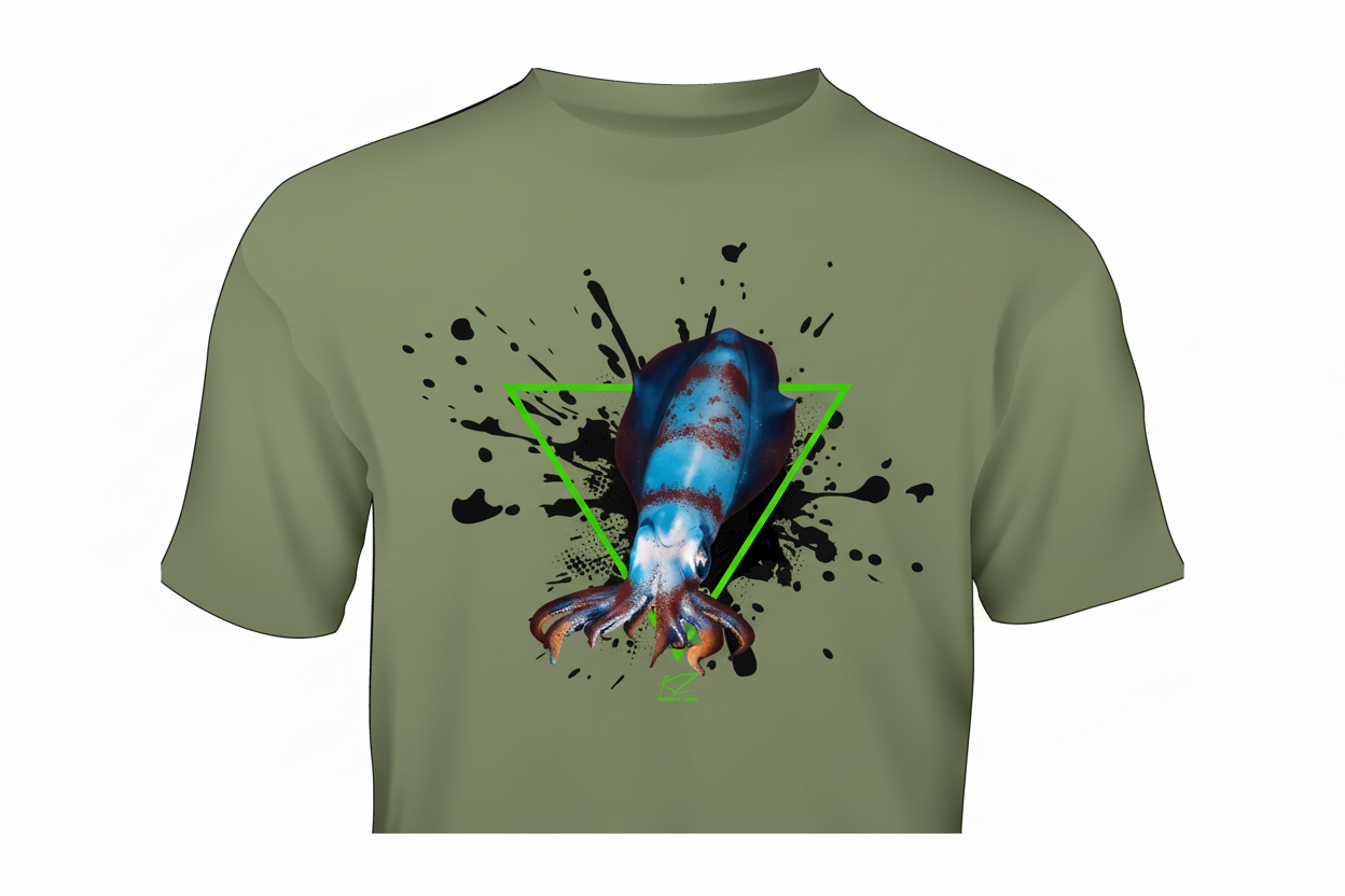 army green t-shirt with a colorful squid fishing graphic design on a white background
