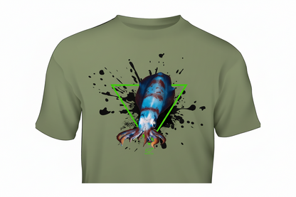 army green t-shirt with a colorful squid fishing graphic design on a white background