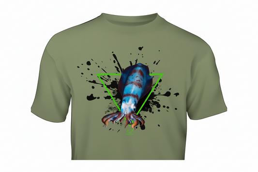 army green t-shirt with a colorful squid fishing graphic design on a white background
