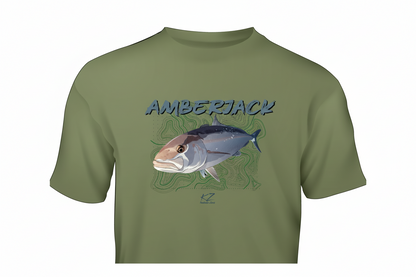 White t-shirt with a fish graphic and 'AMBERJACK' text on a white background