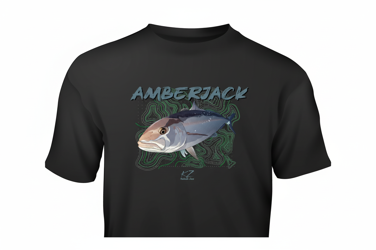 Black t-shirt with amberjack fish graphic and 'AMBERJACK' text on a white background