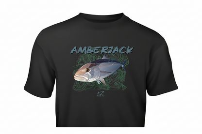Black t-shirt with amberjack fish graphic and 'AMBERJACK' text on a white background