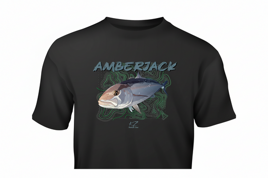 Black t-shirt with amberjack fish graphic and 'AMBERJACK' text on a white background