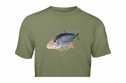 Army Green t-shirt with a fish graphic on a white background