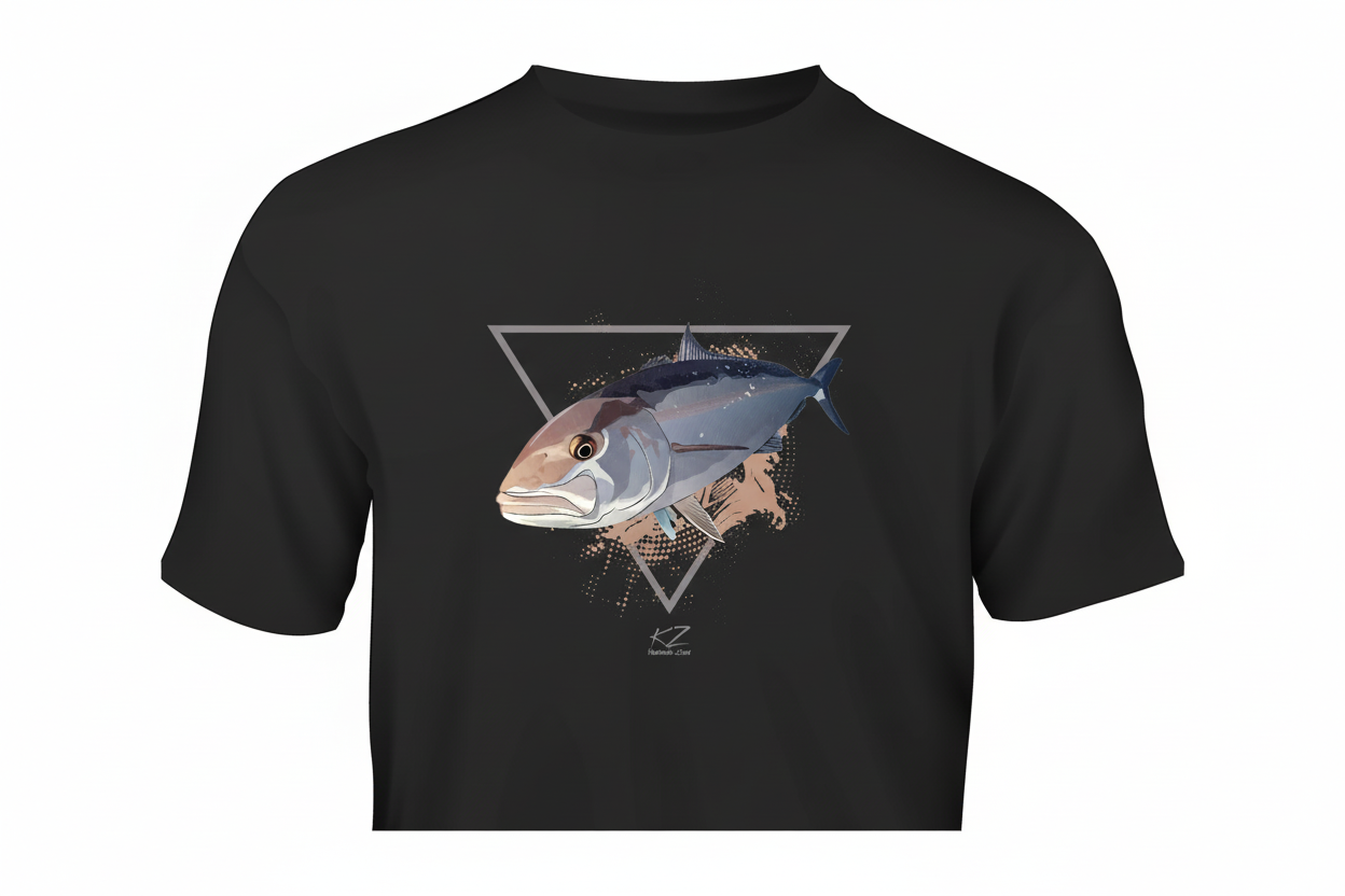 Black t-shirt with a fish graphic on a white background